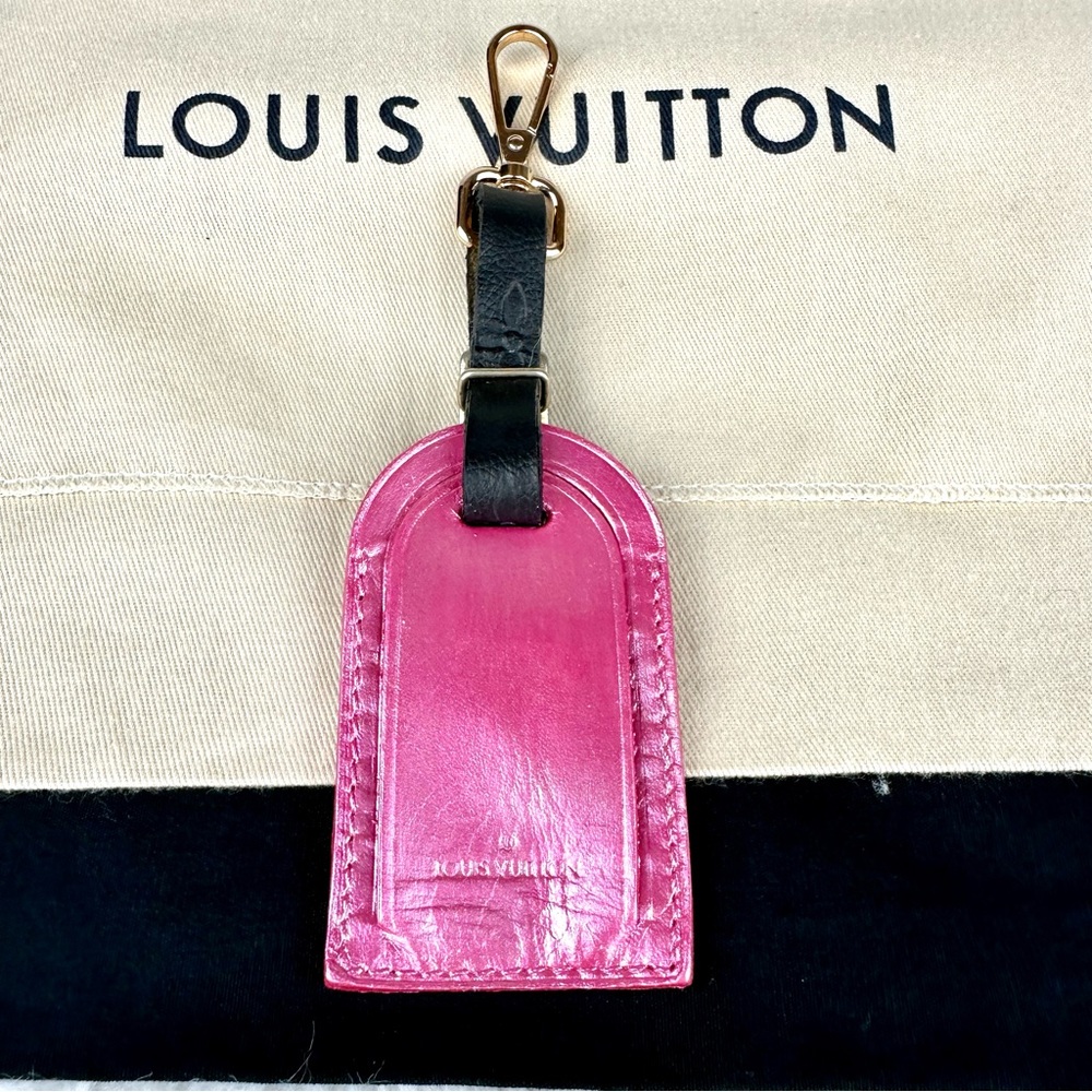 Louis Vuitton custom painted pearlescent pink and black bag charm leather tag